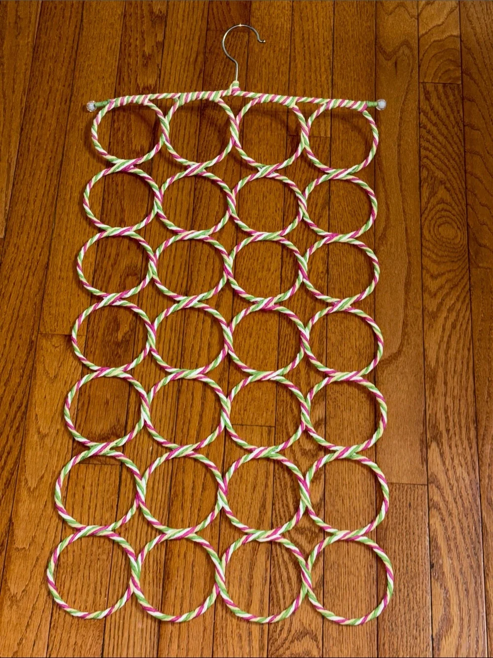 Striped 28 Multi-Ring Scarf and Accessory Organizer in Pink, Green & White